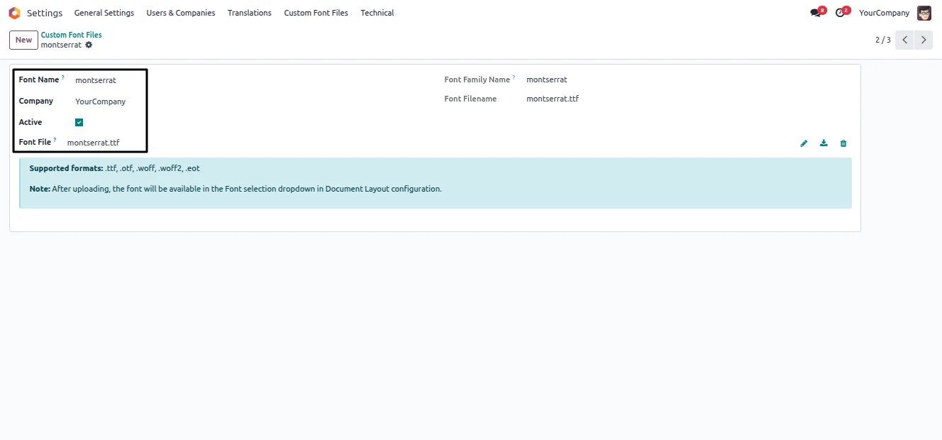 A QWeb PDF invoice rendered with the chosen custom font
