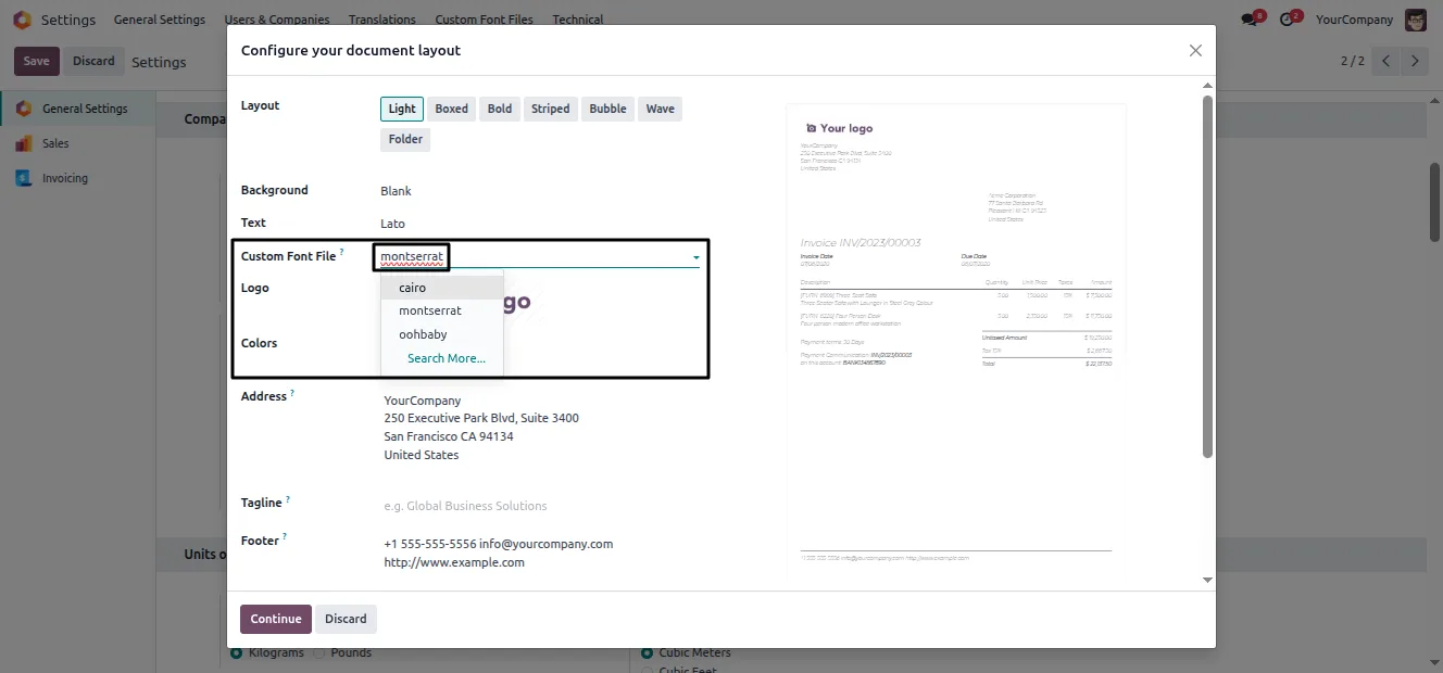 A QWeb PDF quotation showing the applied custom font in Odoo