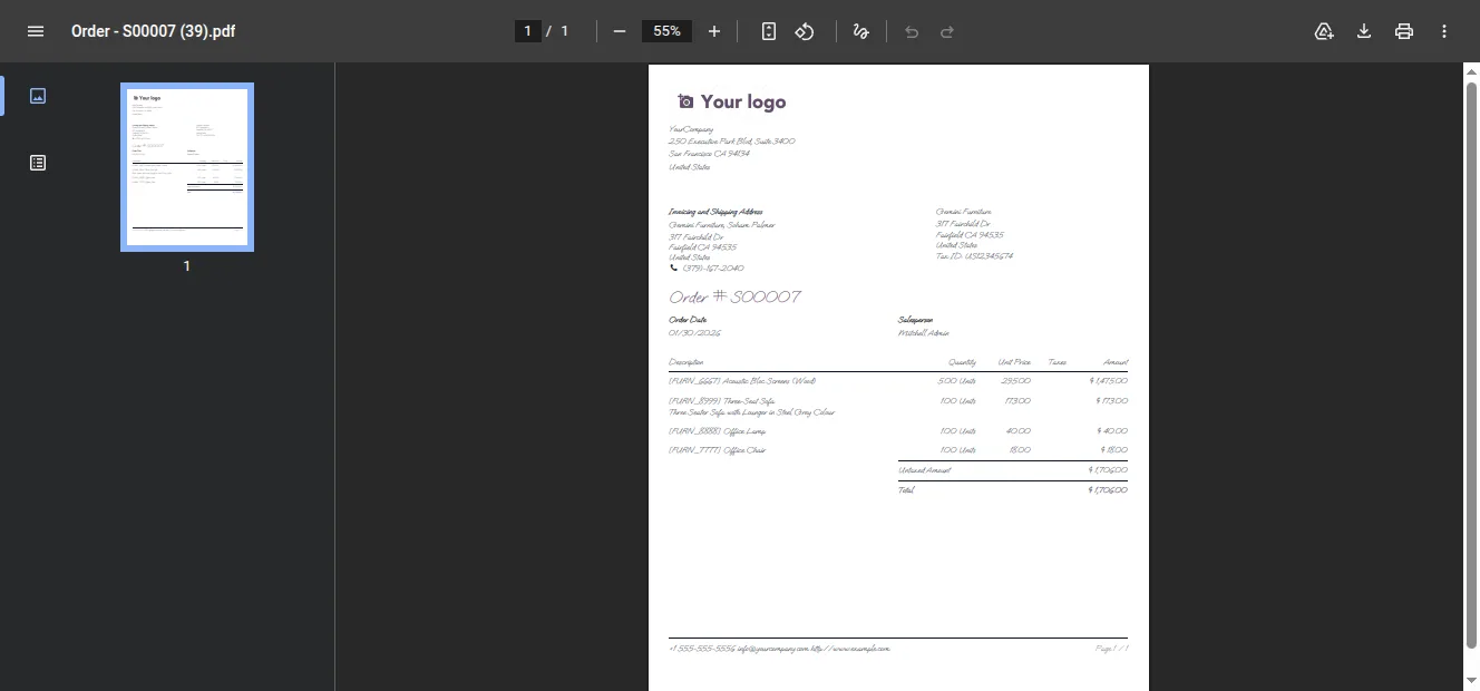 A purchase order PDF using the custom font across the report