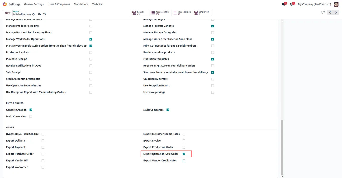 Enabling the Export Quotation and Export Sale Order options on an Odoo user record