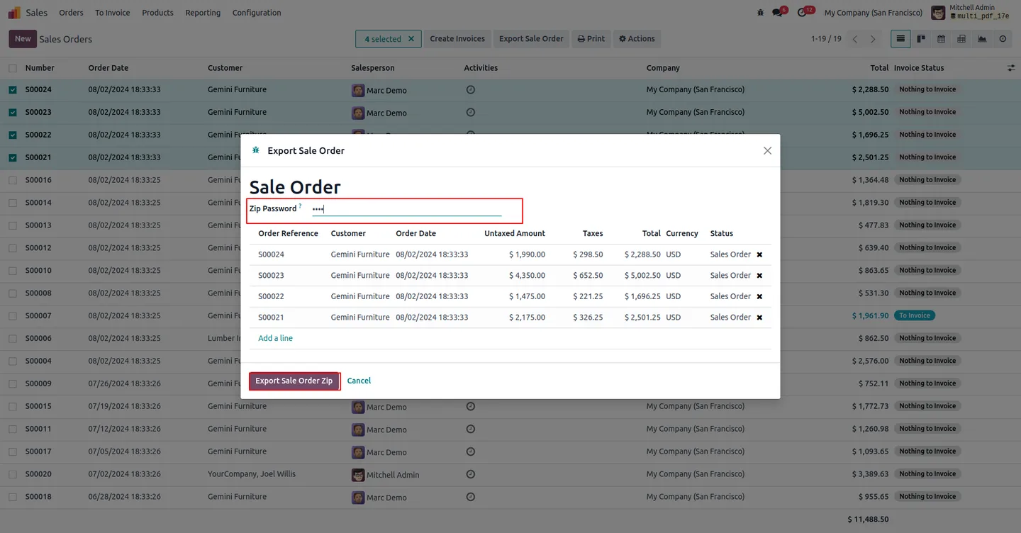 Bulk-export buttons on the Odoo sales order tree view