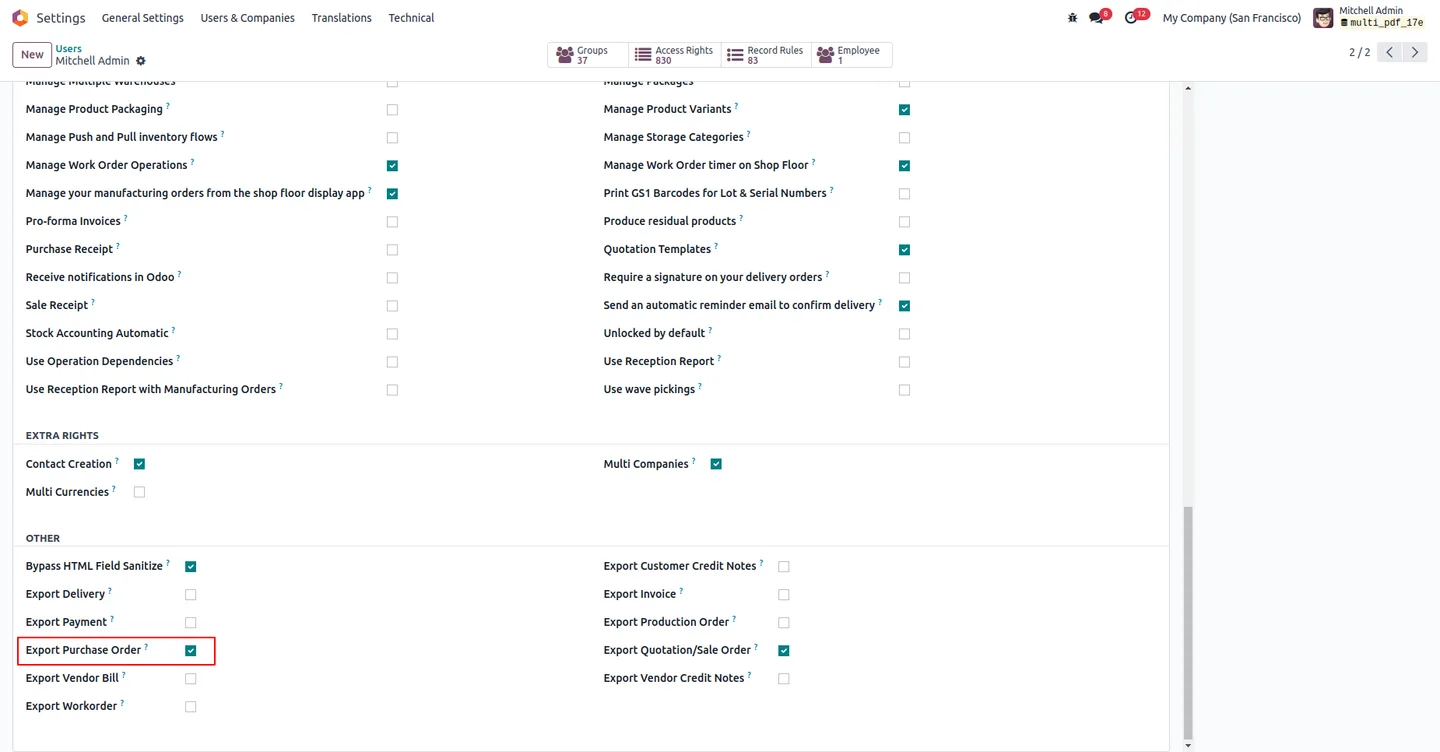 Enabling the Export Purchase Order option for a user in Odoo Settings