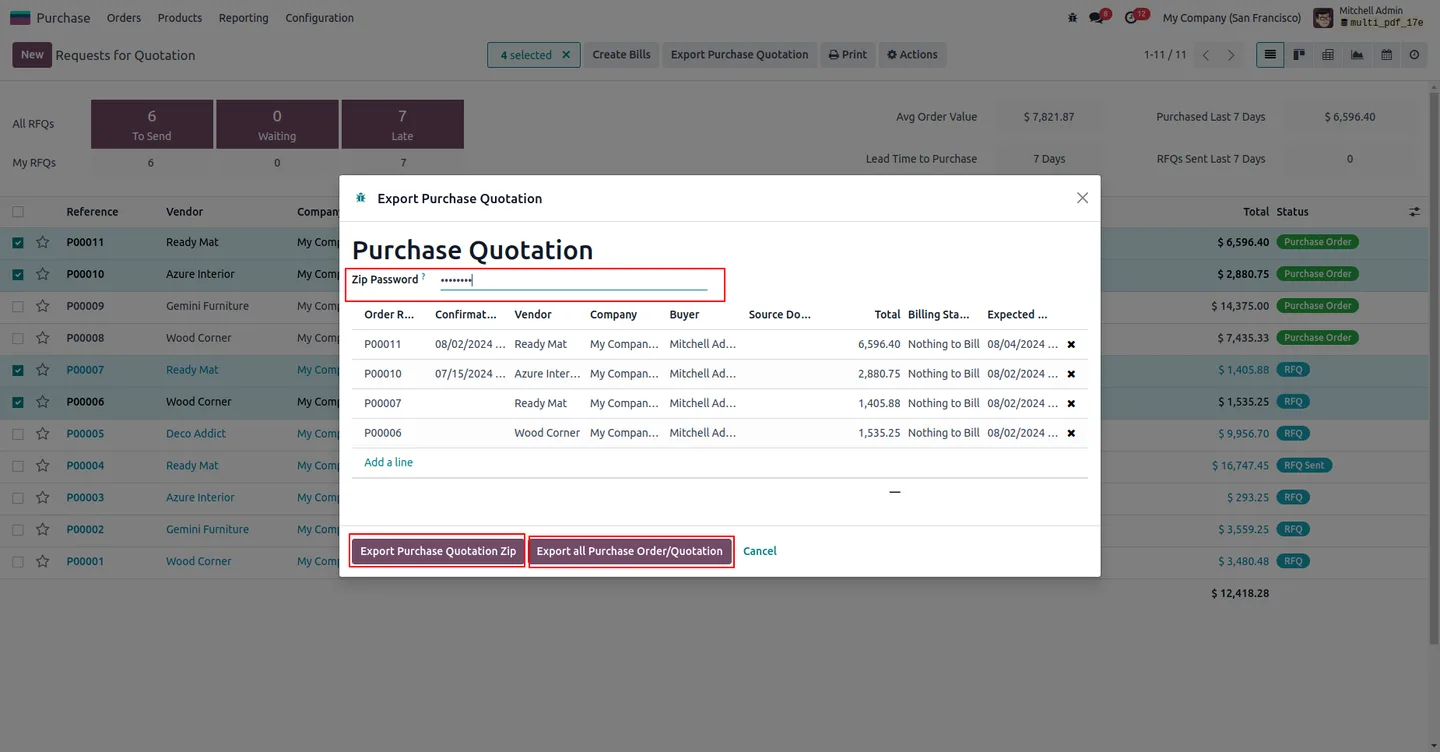 Bulk-export buttons on the Odoo Requests for Quotation list
