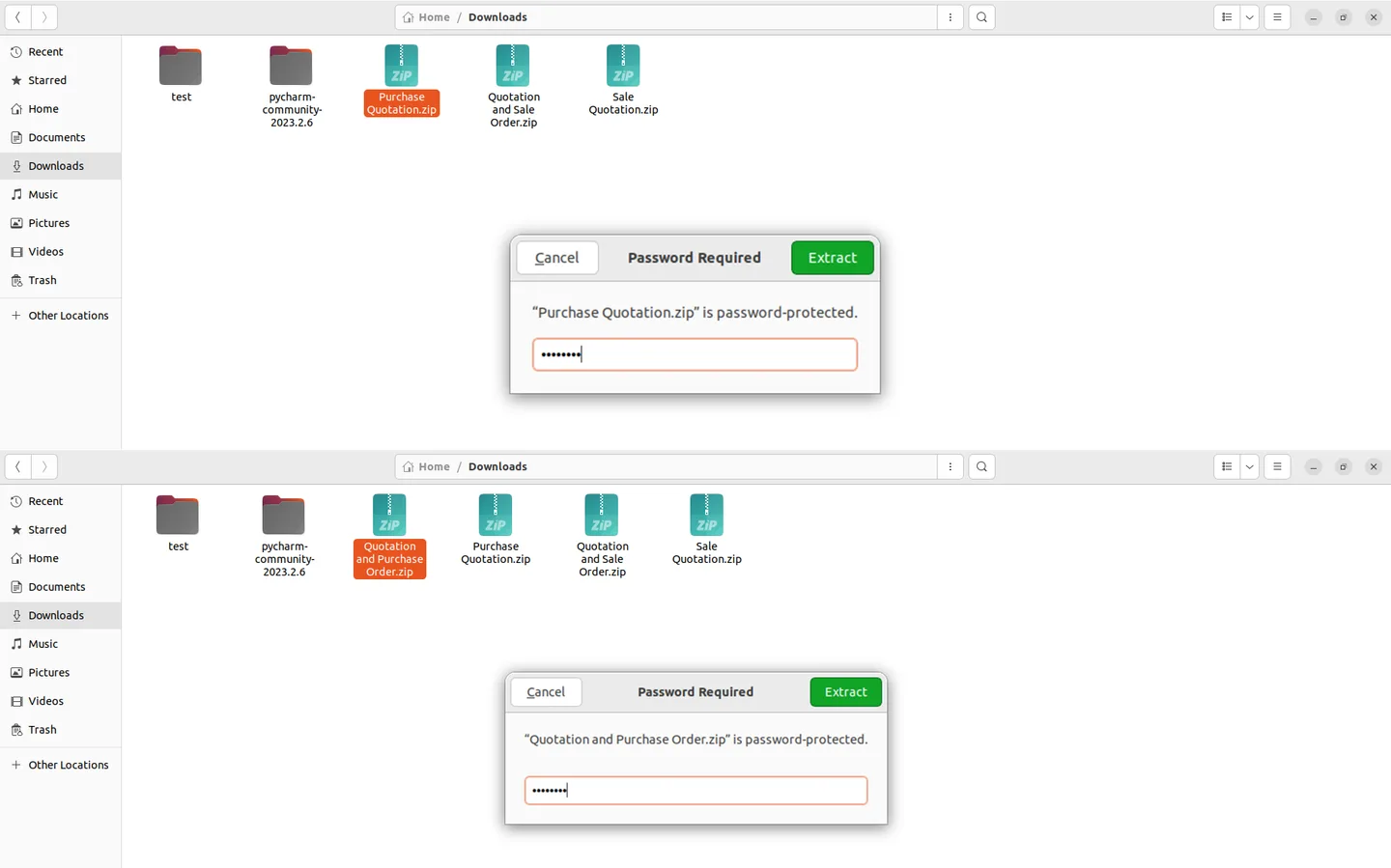 Selecting multiple Odoo RFQs for export to a password-protected ZIP