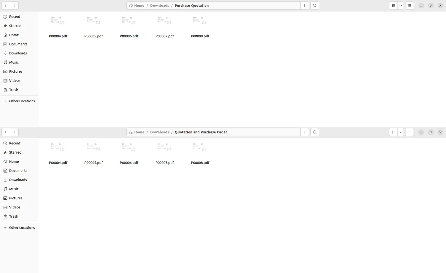 Unzipped folder of Odoo purchase quotation PDFs after extracting the password-protected archive