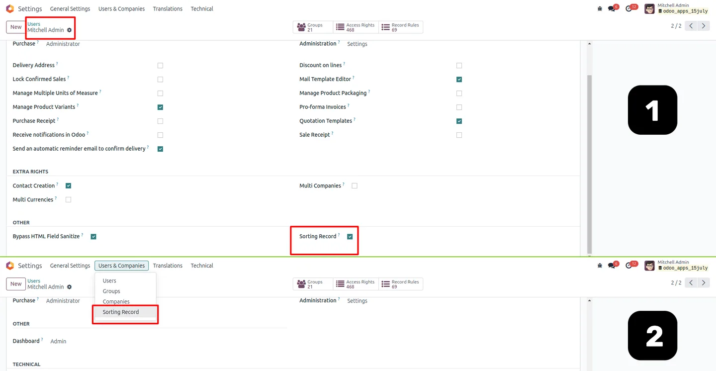 Enabling the Record Sorting option under user settings in Odoo