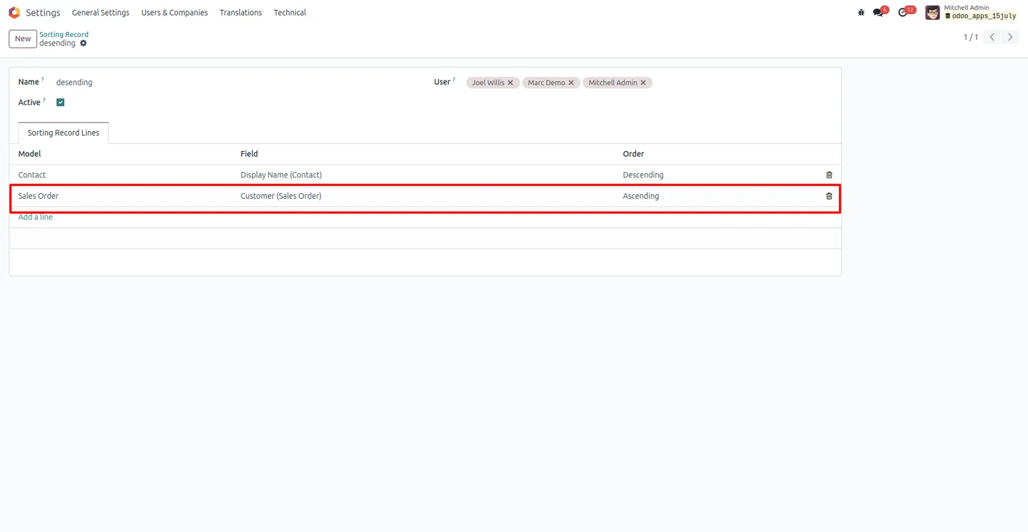 Creating a new Sorting Record with user and active flag in Odoo