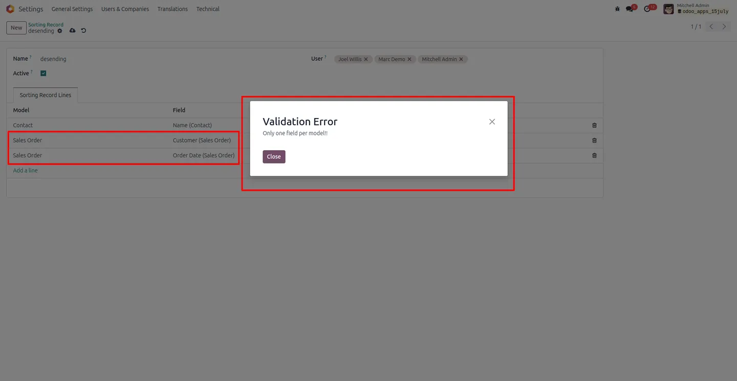 Adding sorting lines per model and field on an Odoo Sorting Record
