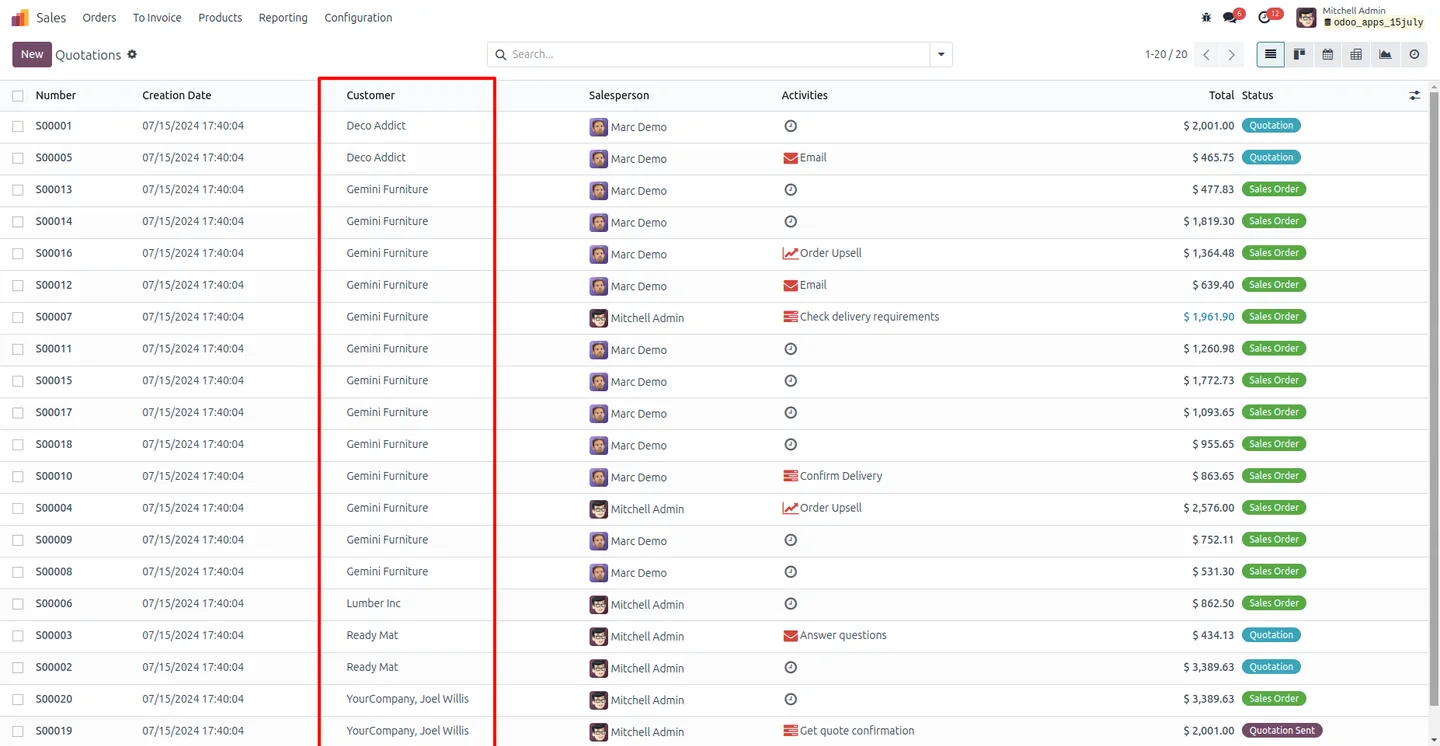 Odoo list view rendered in the saved ascending or descending default order