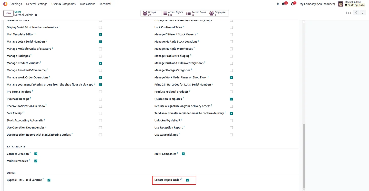 Repair Orders tree view in Odoo with the Export Repair Orders button visible