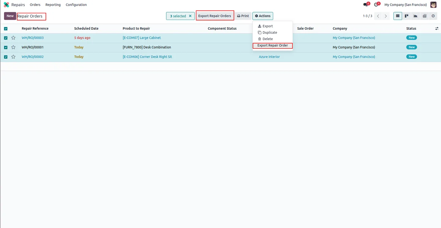 Export Repair Orders wizard with the ZIP password field in Odoo