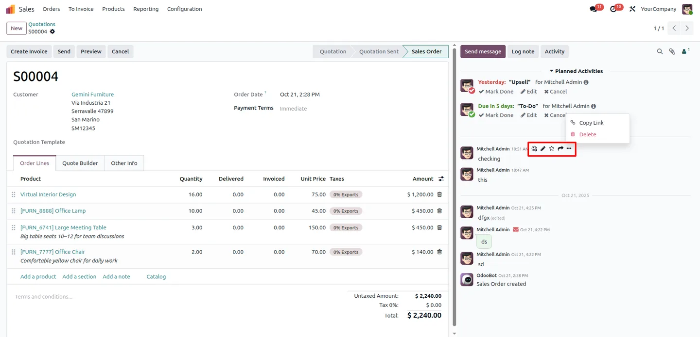 Odoo chatter message showing the edit and delete options before the restriction is applied