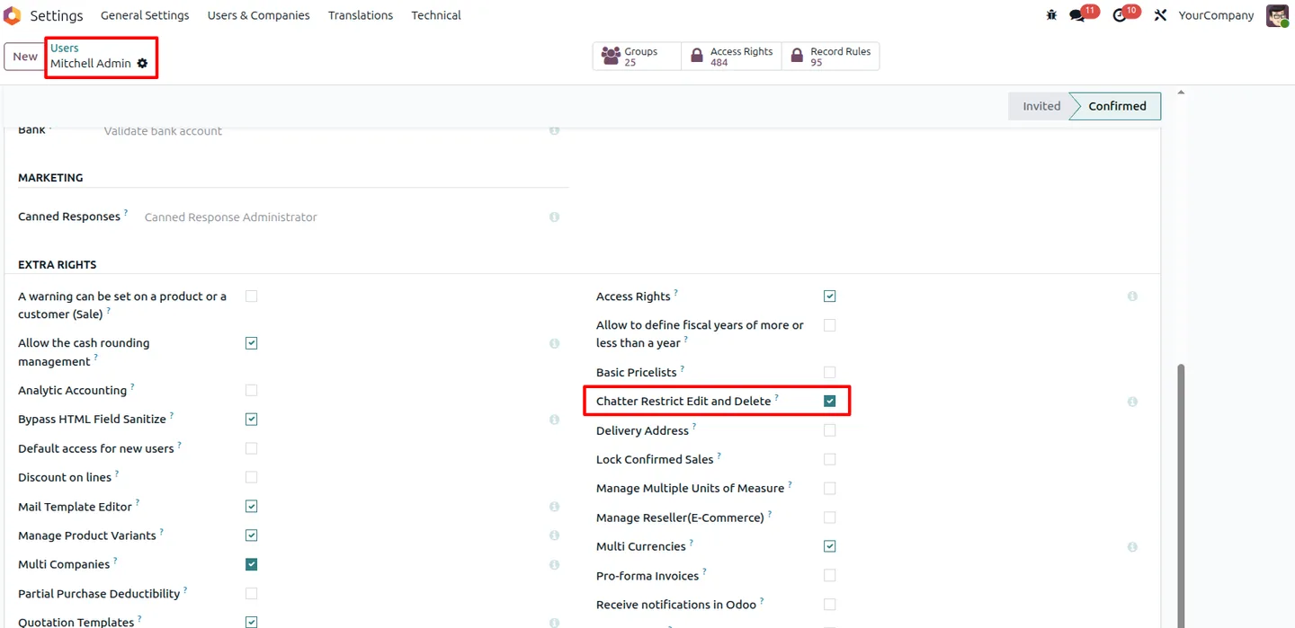 Enabling the chatter edit and delete restriction on an Odoo user record