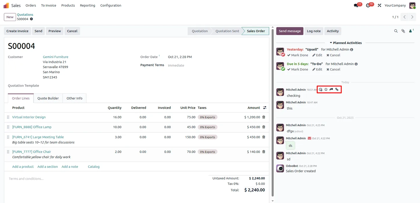 Odoo chatter message with the edit and delete options removed for a restricted user