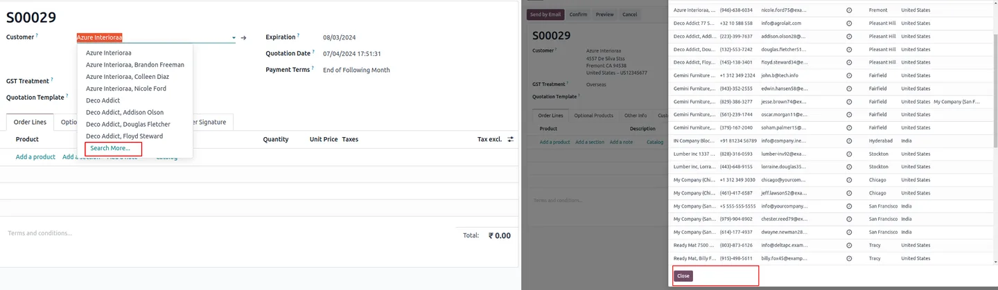 Odoo partner many2one dropdown with the inline Create and Edit options removed