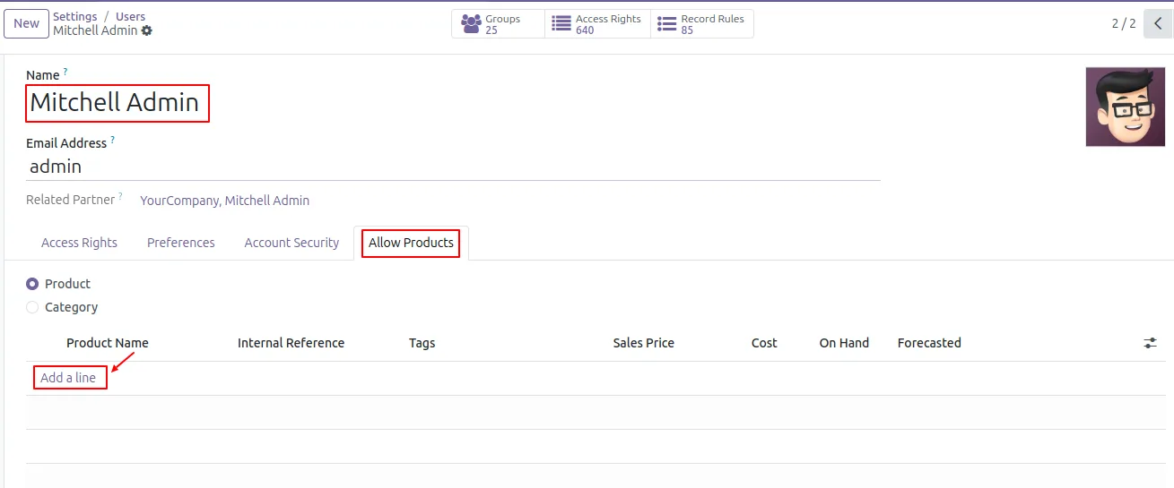 Allow Products configuration section on an Odoo user form