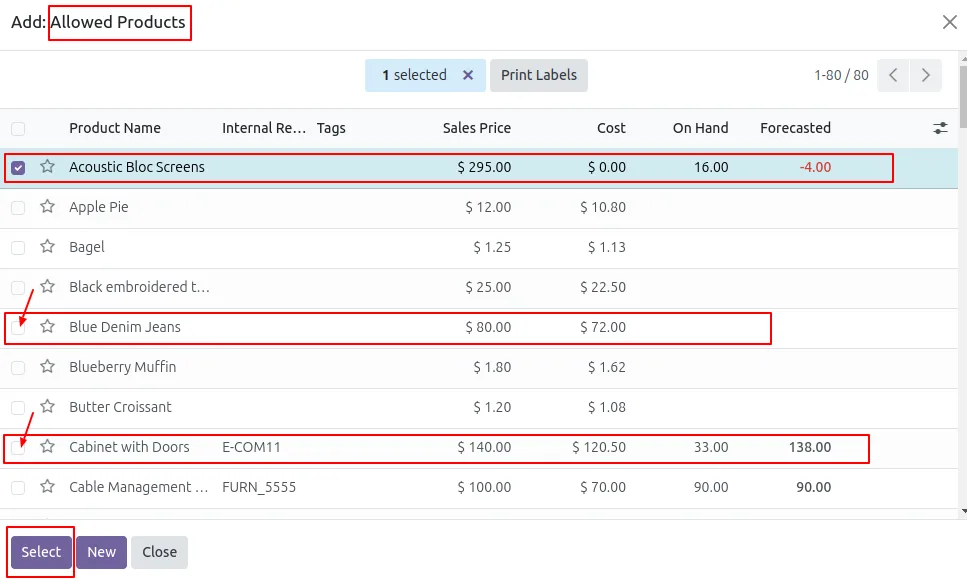 Selecting individual products to authorise for an Odoo user