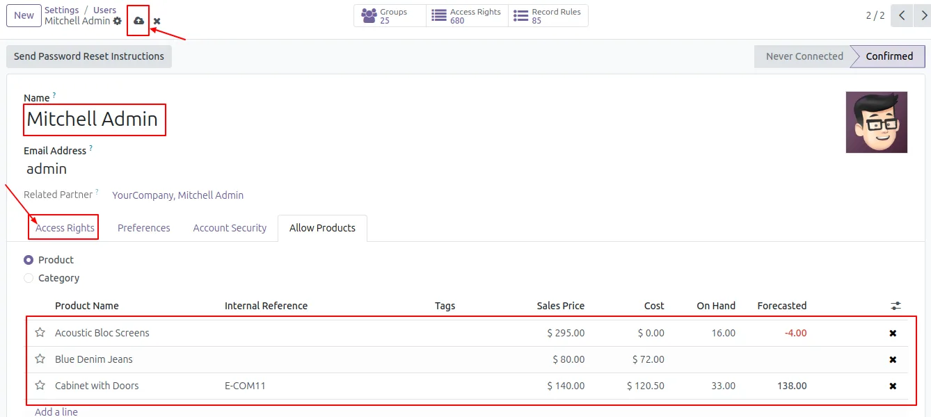 List of products selected as allowed for a specific Odoo user