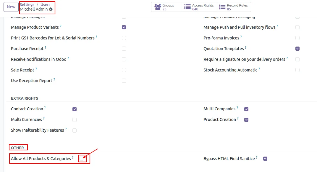 Allow All Products and Categories option enabled on an Odoo user record