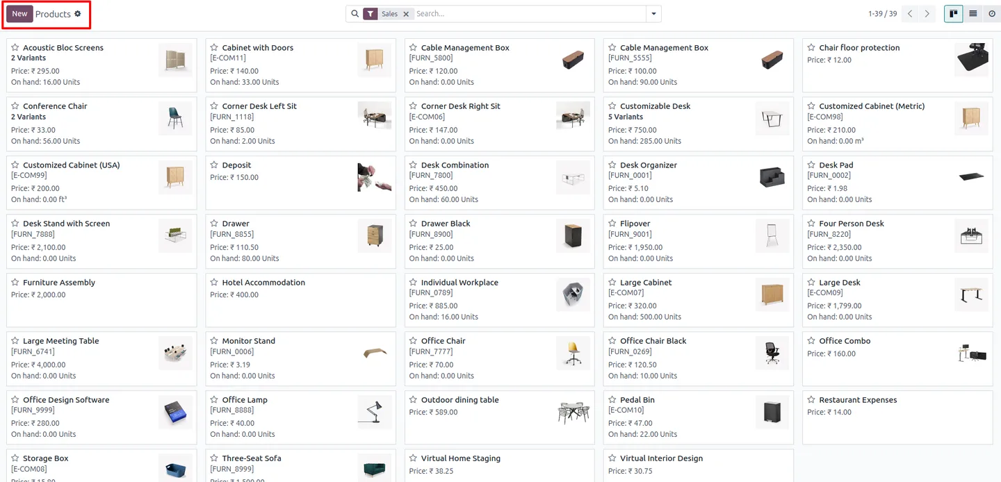 Product list in Odoo with the Create button visible before the restriction is applied