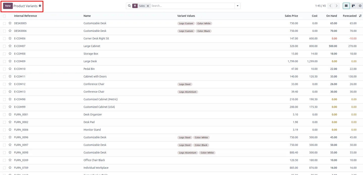 Product variant list in Odoo with the Create button visible before the restriction is applied