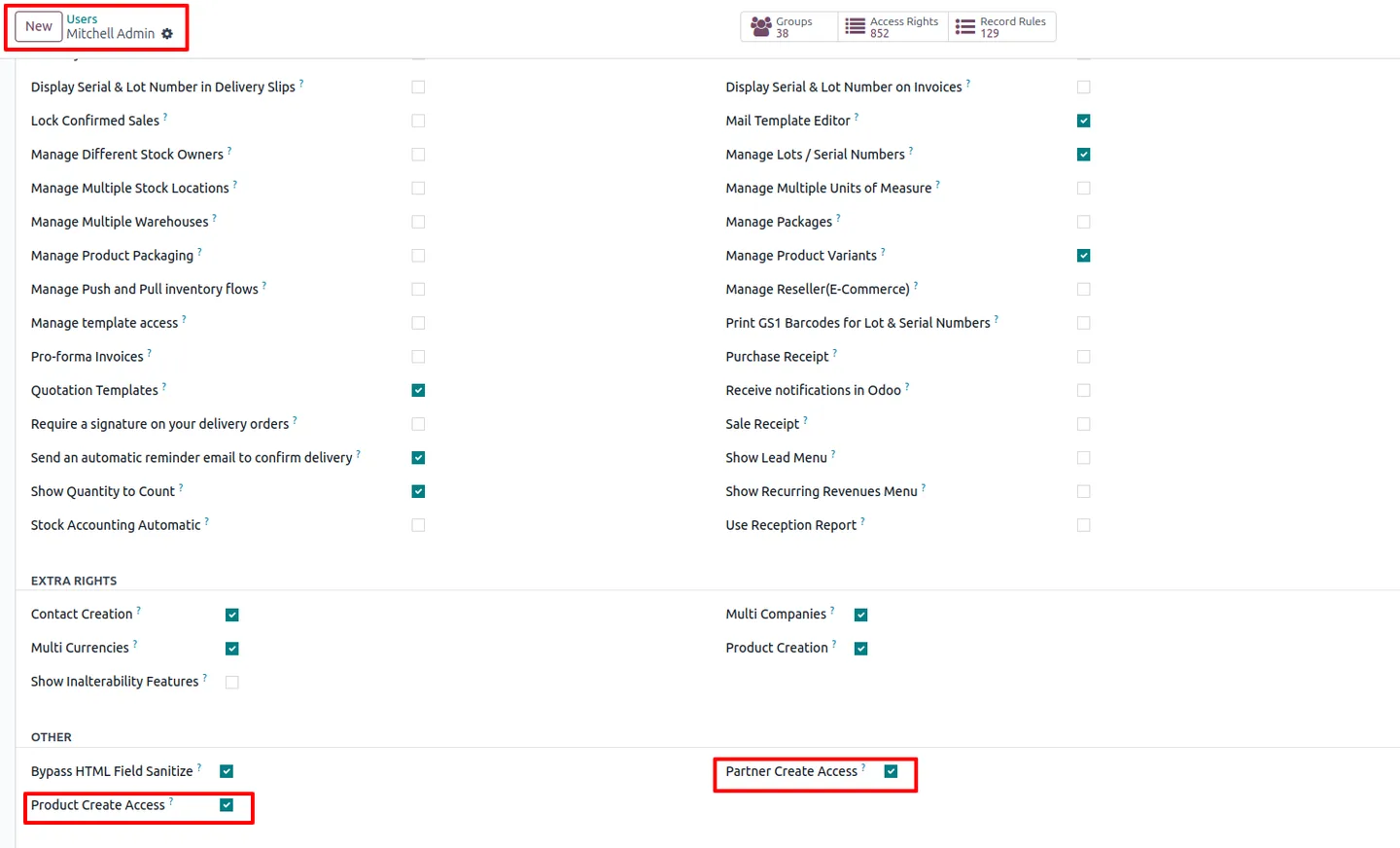 User form in Odoo showing the restrict product and customer creation switches