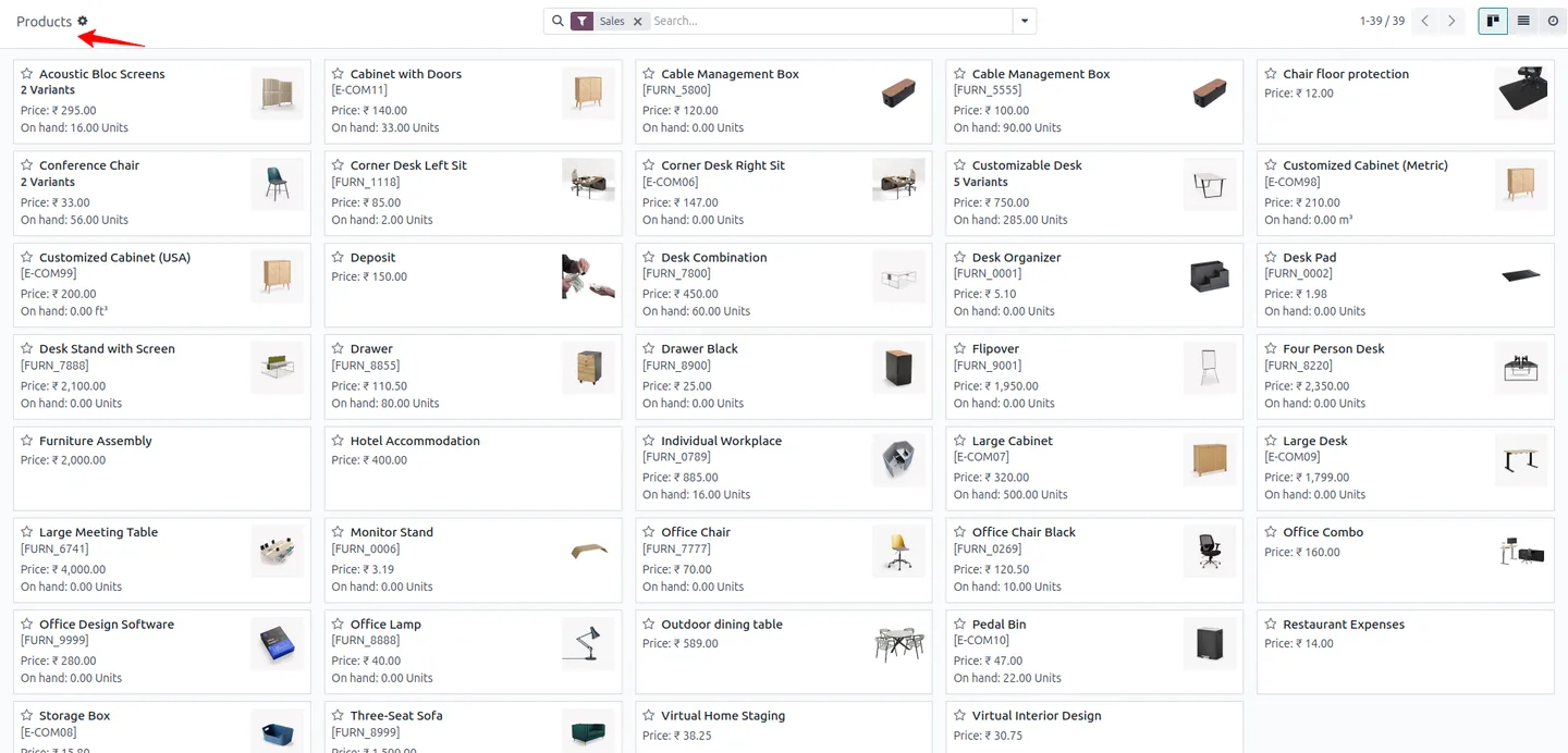 Product list in Odoo with the Create button removed after restricting the user