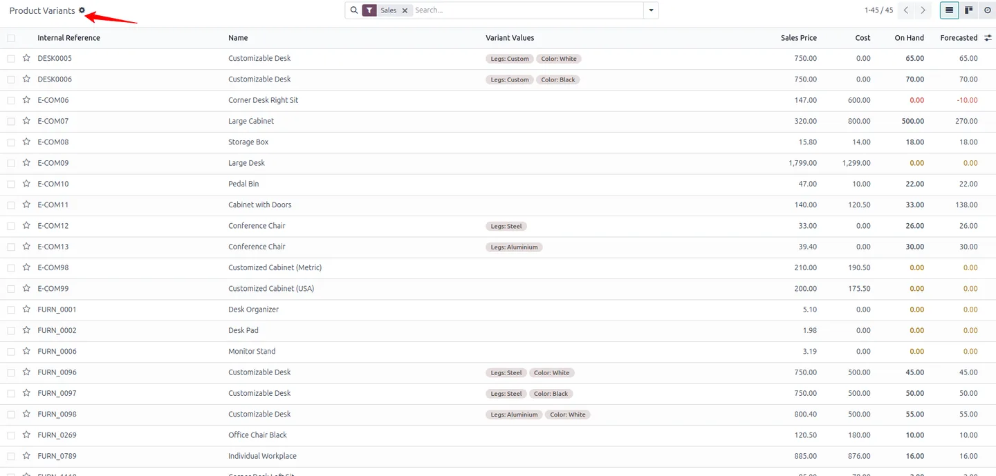 Product variant list in Odoo with the Create button removed after restricting the user