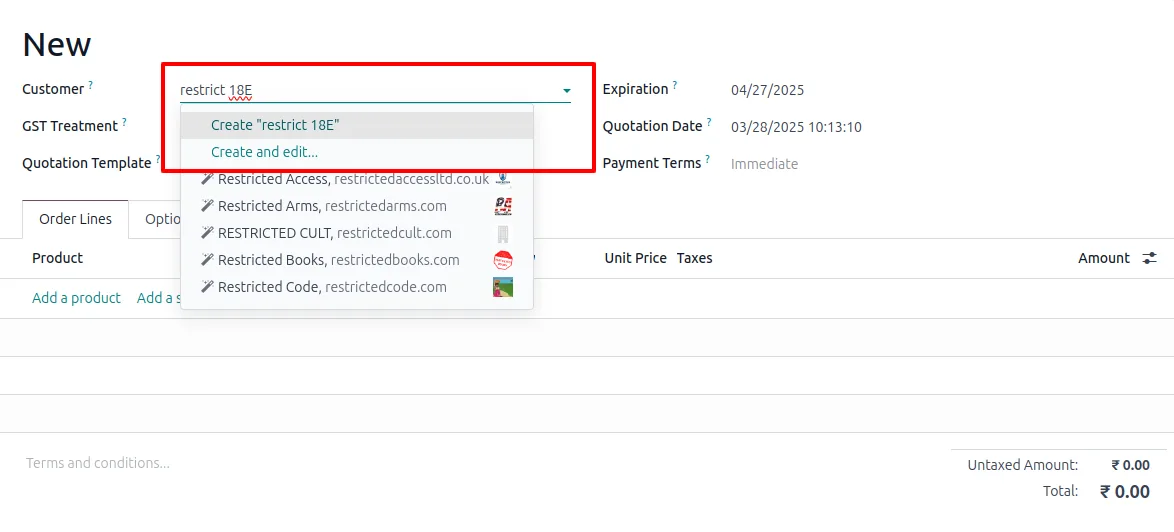 Quick-create option in a sales order customer many2one field before the restriction is applied
