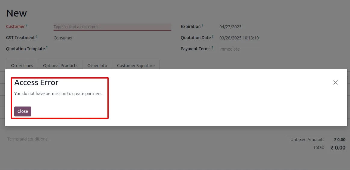 Error message shown when a restricted user tries to create a customer from a sales order