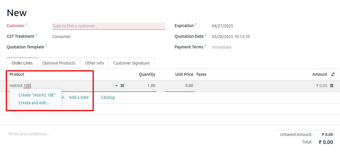 Quick-create option in a sales order product many2one field before the restriction is applied