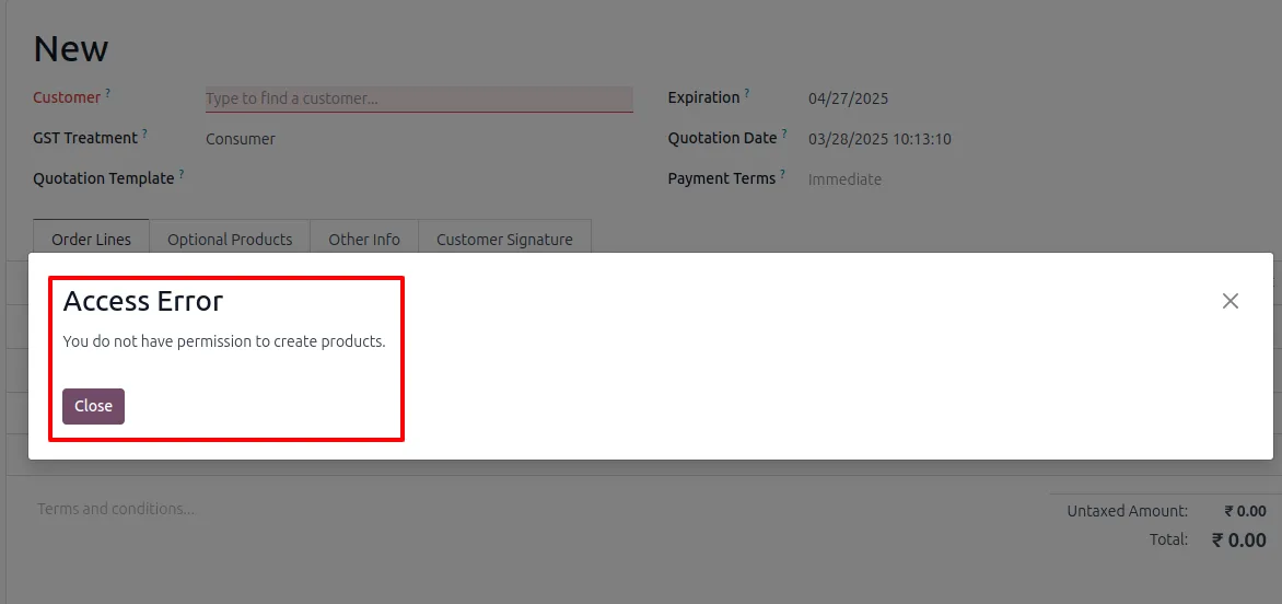 Error message shown when a restricted user tries to create a product from a sales order line
