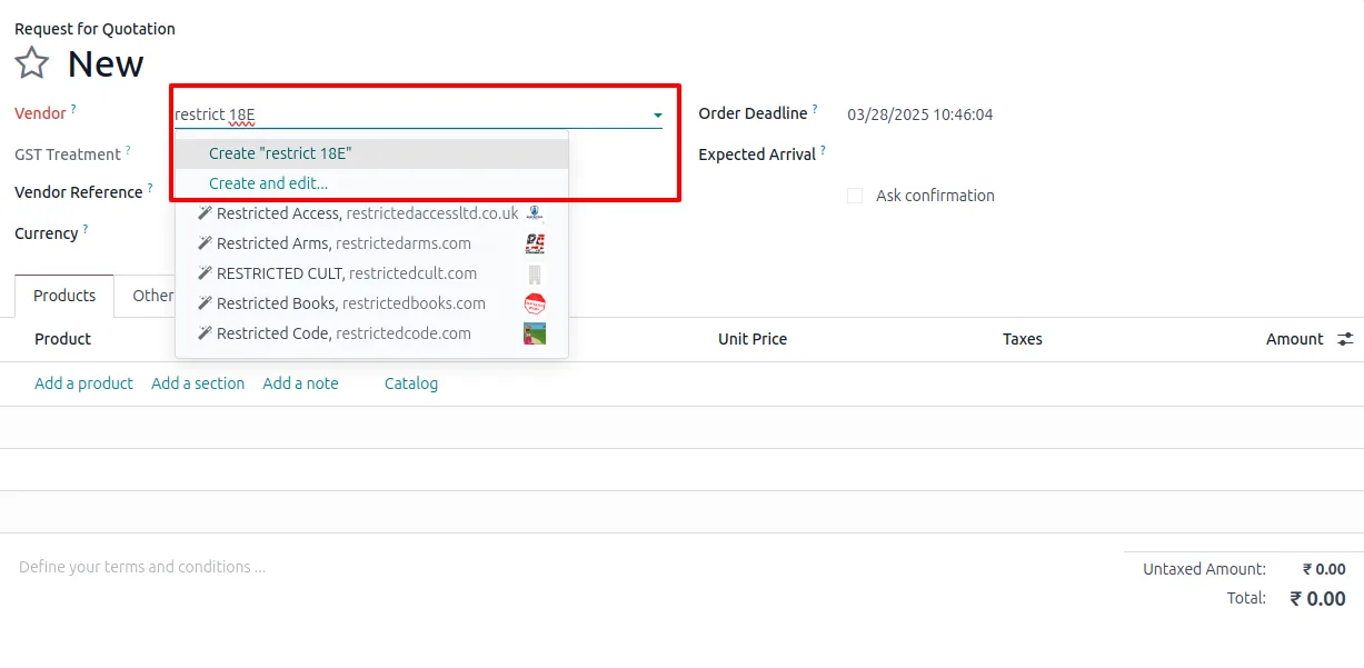 Quick-create option in a purchase order vendor many2one field before the restriction is applied