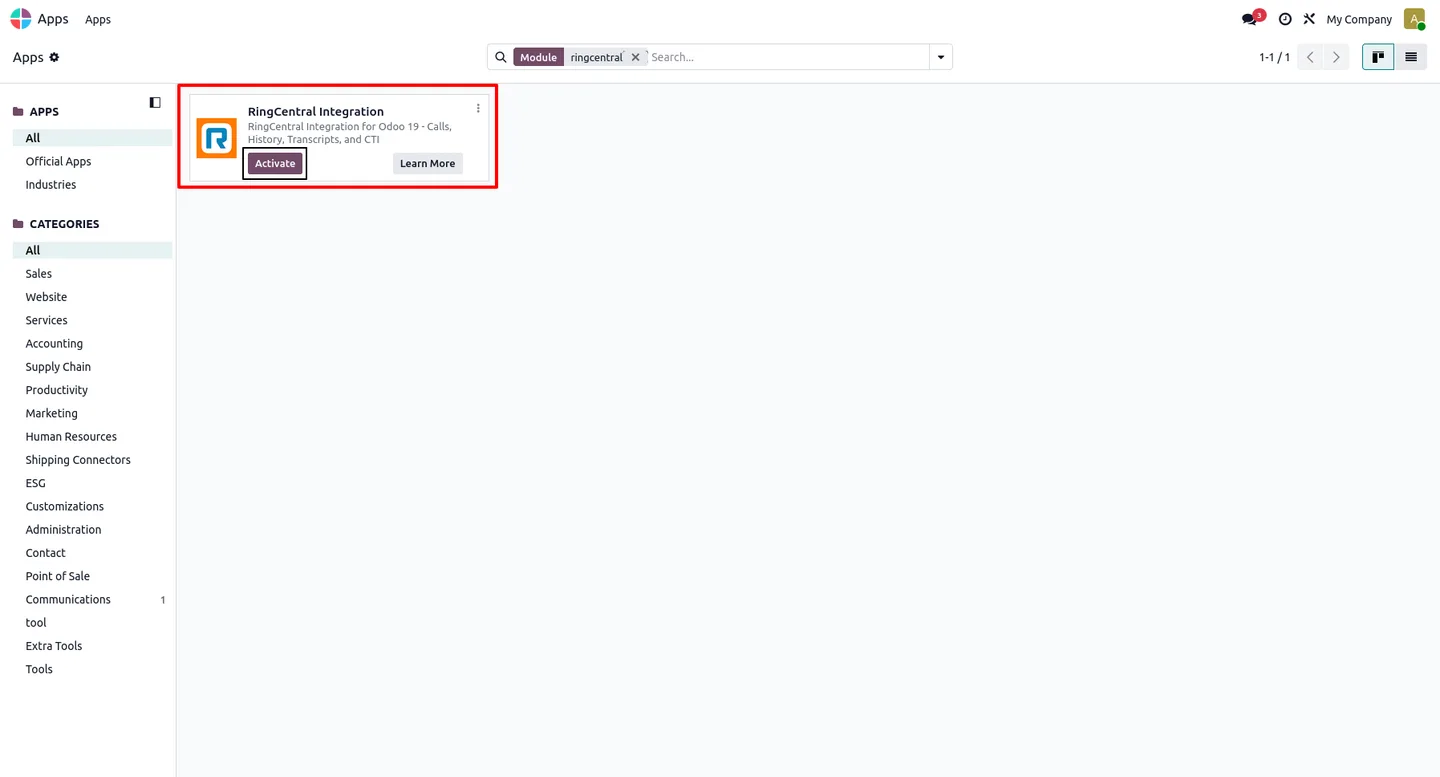 RingCentral Integration listed in the Odoo Apps store, ready to install