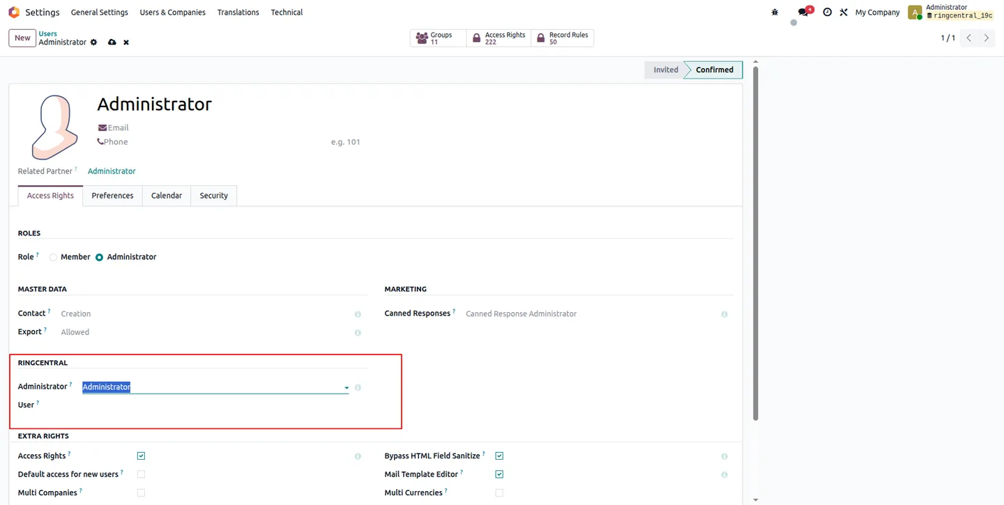 Assigning RingCentral Administrator and User roles on an Odoo user record
