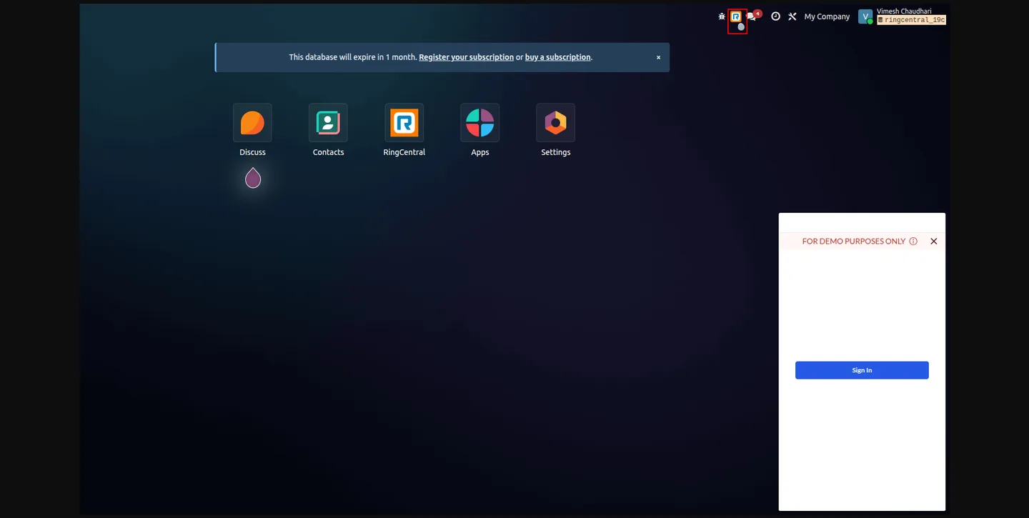 The embedded RingCentral widget docked inside the Odoo interface