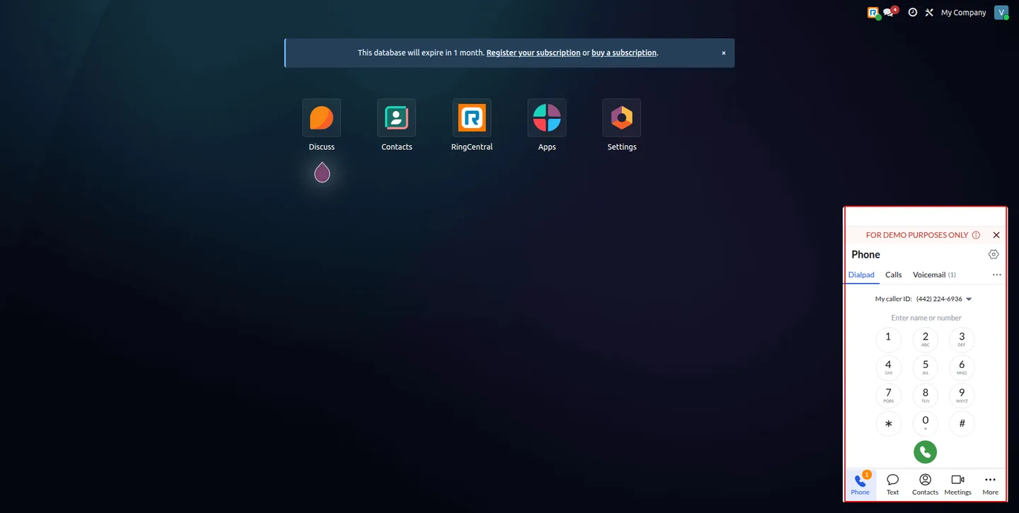 The RingCentral dialpad open inside Odoo, ready to place a call