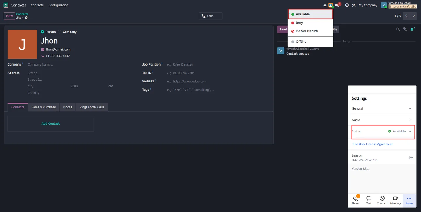 Live RingCentral presence status shown on an Odoo contact record