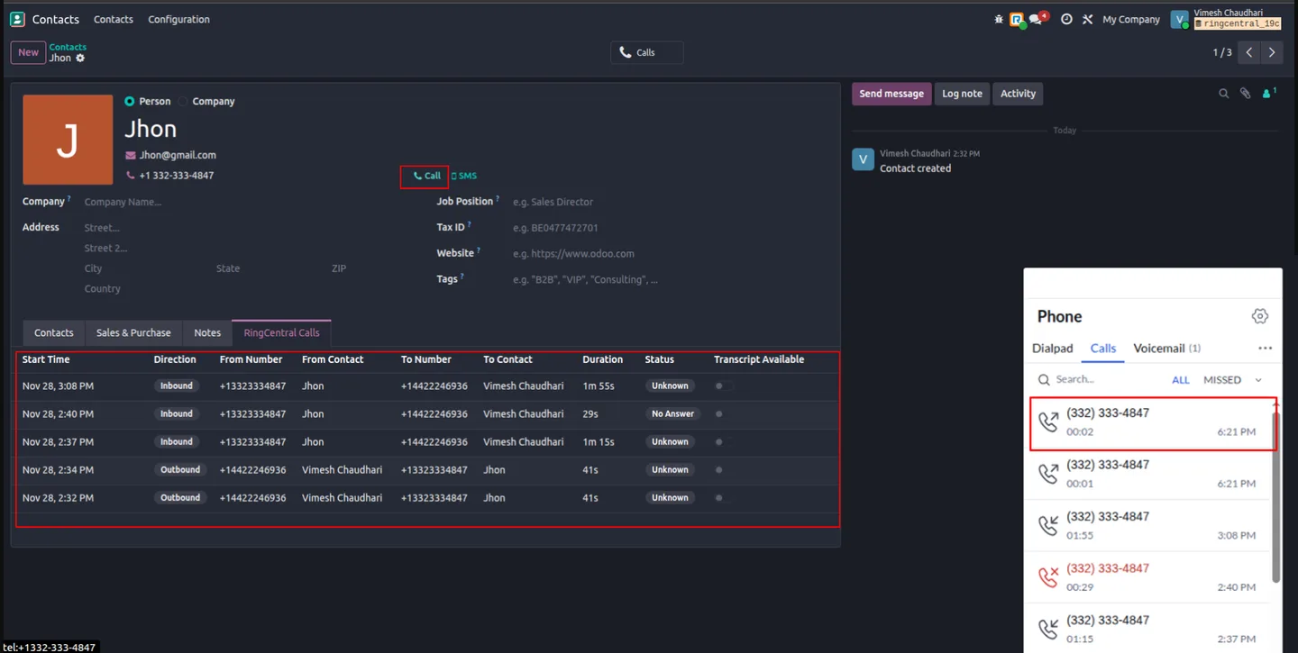 One-click calling and the RingCentral call log on an Odoo contact