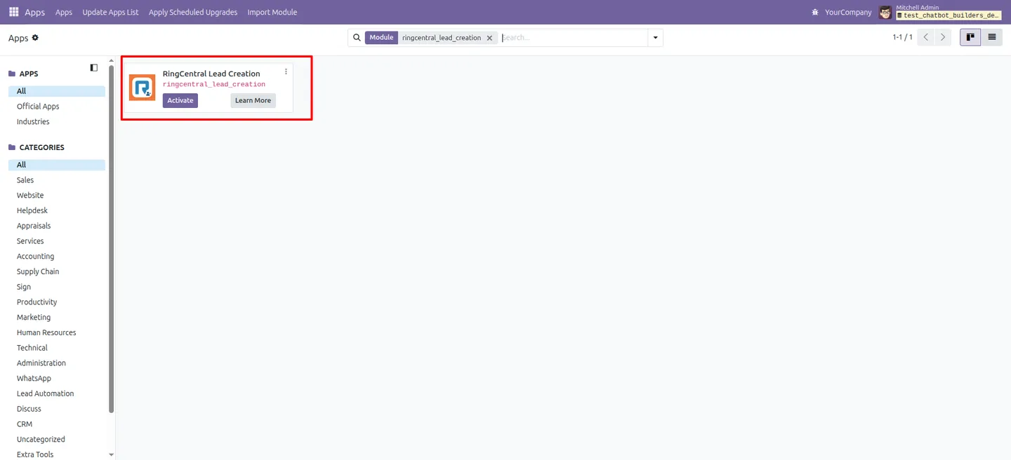 Incoming RingCentral call popup in Odoo with Accept & Open Lead options