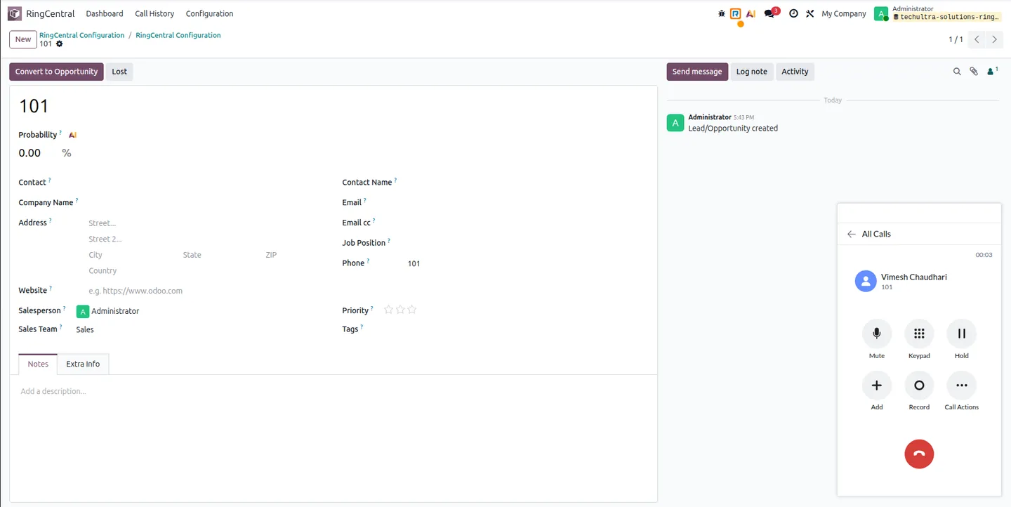 Matched CRM lead opened from a RingCentral incoming call