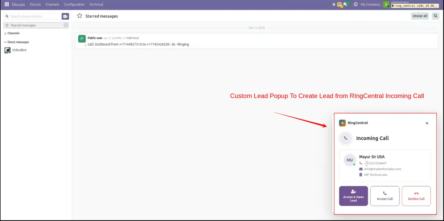 New Odoo CRM lead created automatically with the caller's number pre-filled