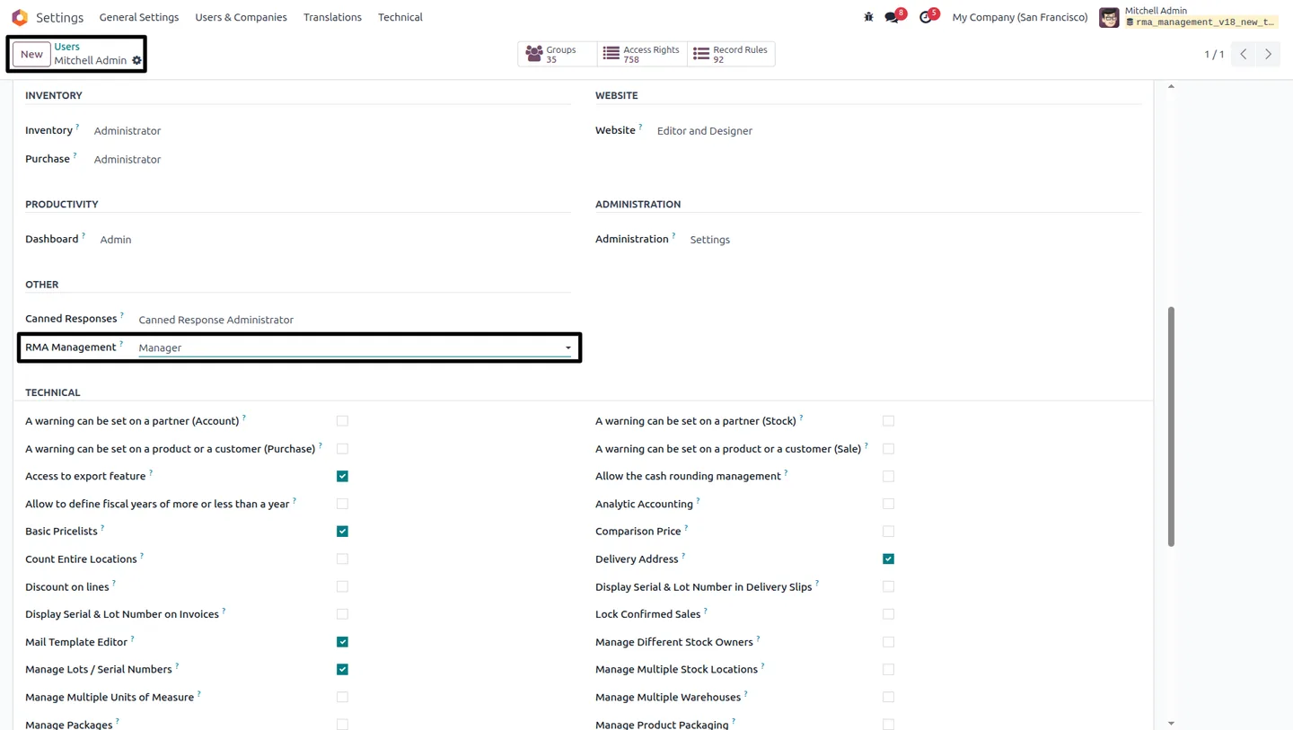 RMA Management module in the Odoo Apps list, ready to install
