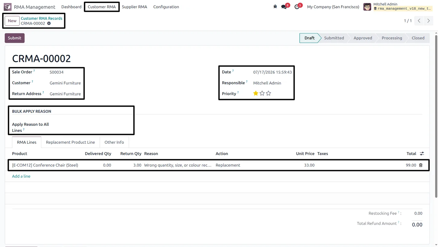 Restocking fee applied to a returned product