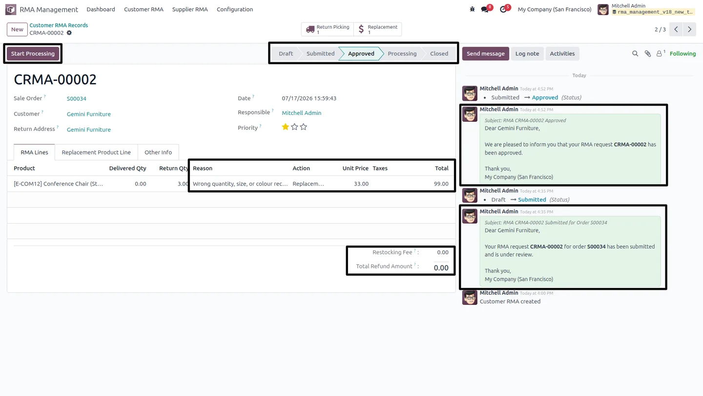 Customer submitting a return request from the Odoo portal