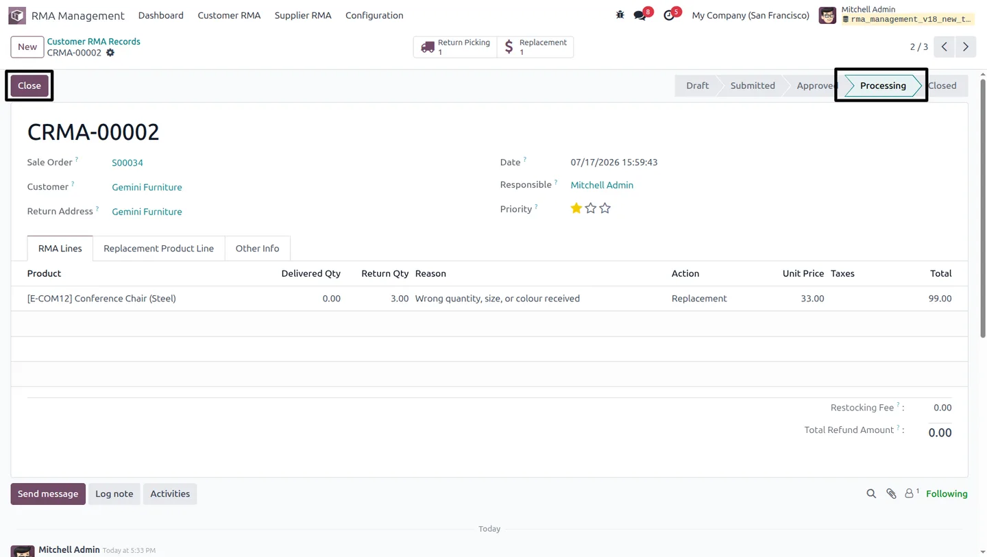 RMA Management reporting with chart views in Odoo