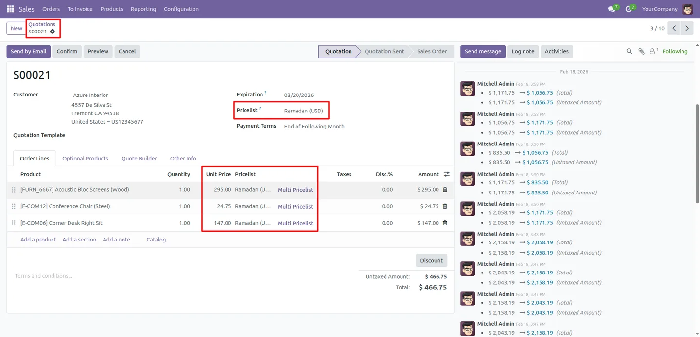 Unit price recalculated after selecting a line pricelist in Odoo