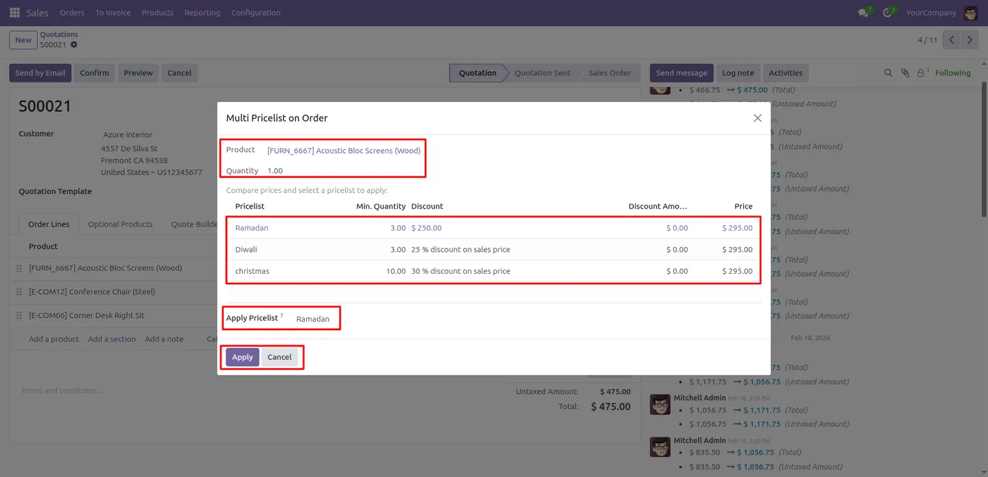 Sale order line showing the applied pricelist and discount in Odoo
