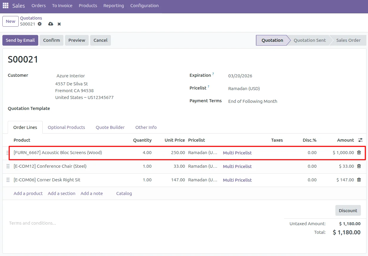 Pricelist comparison with discounts and minimum quantities in Odoo