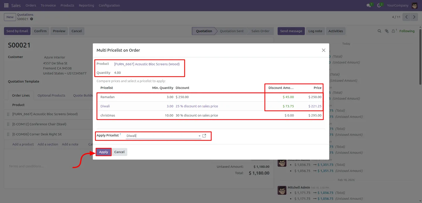 Odoo quotation mixing wholesale and retail pricing across lines